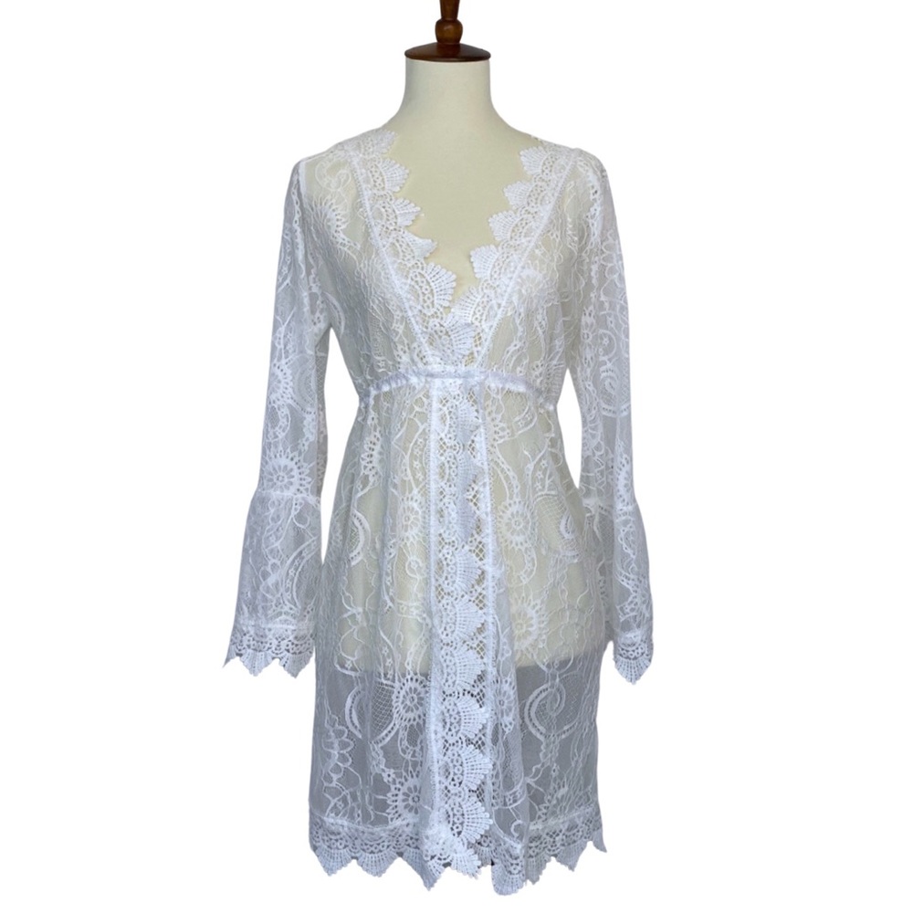 White Scalloped Lace Boho Beach Dress Coverup - Picture 8 of 15
